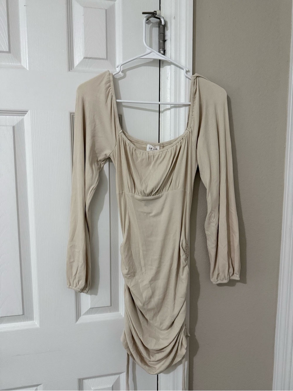 Le Lis Long Sleeve Ruched Scoop-Neck Dress in Light Beige